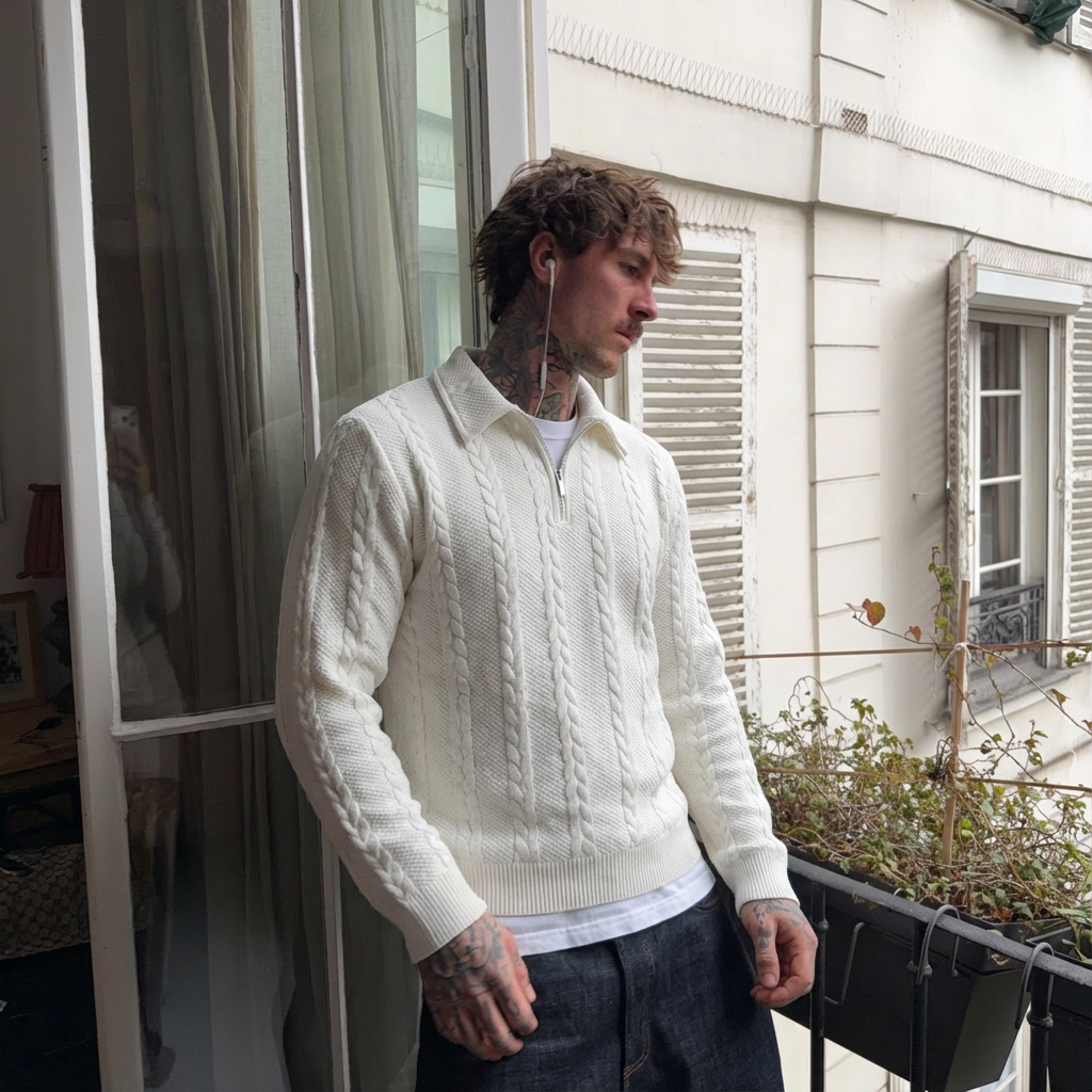 Cable Knit Zip-Collar Sweater