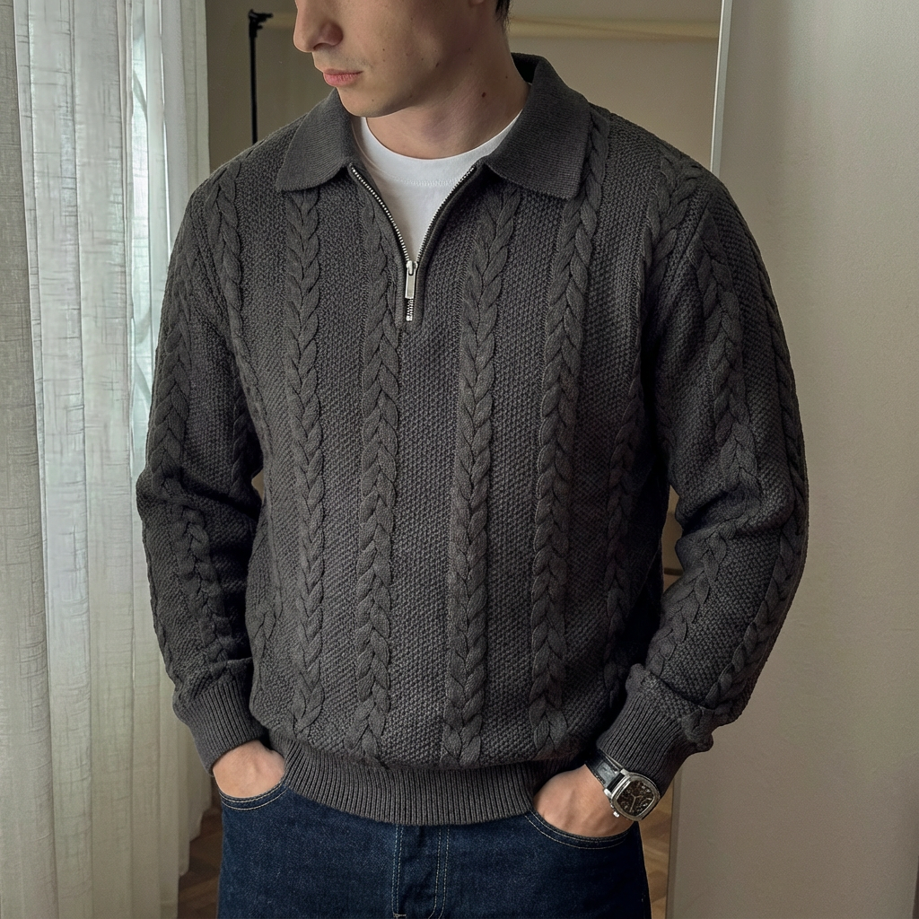 Cable Knit Zip-Collar Sweater